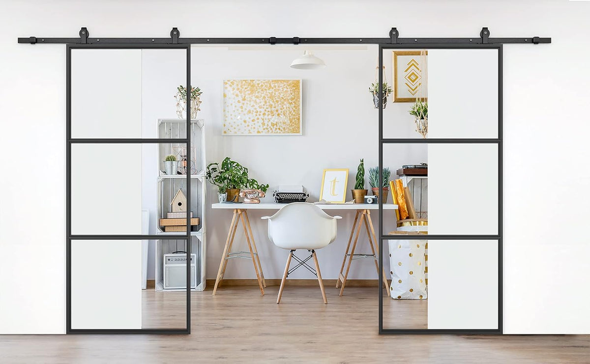 Double Barn Door 72 x 84 in with 12FT Hardware Kit and Soft Close Mechanism, Clear Tempered Glass Carbon Steel Frame I4095