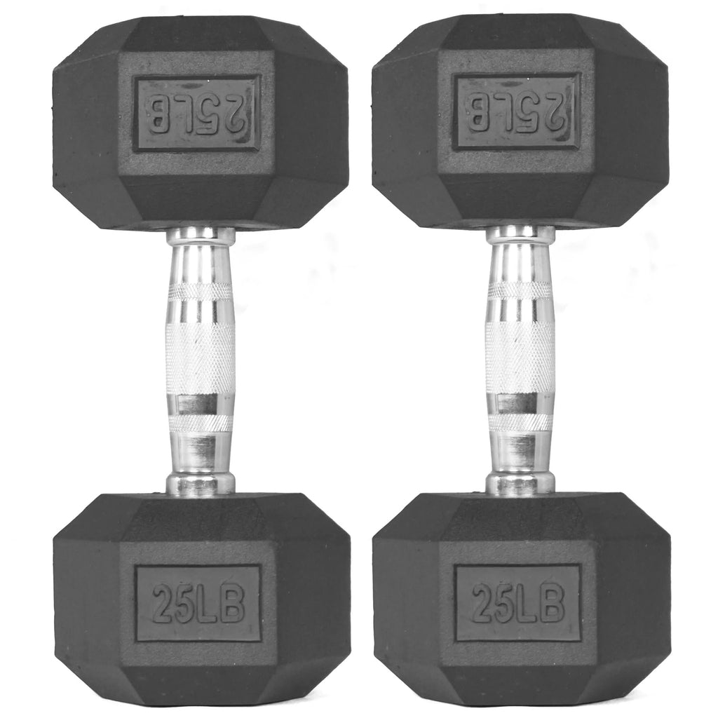 Pair of 25 lb Black Rubber Coated Hex Dumbbells I33712