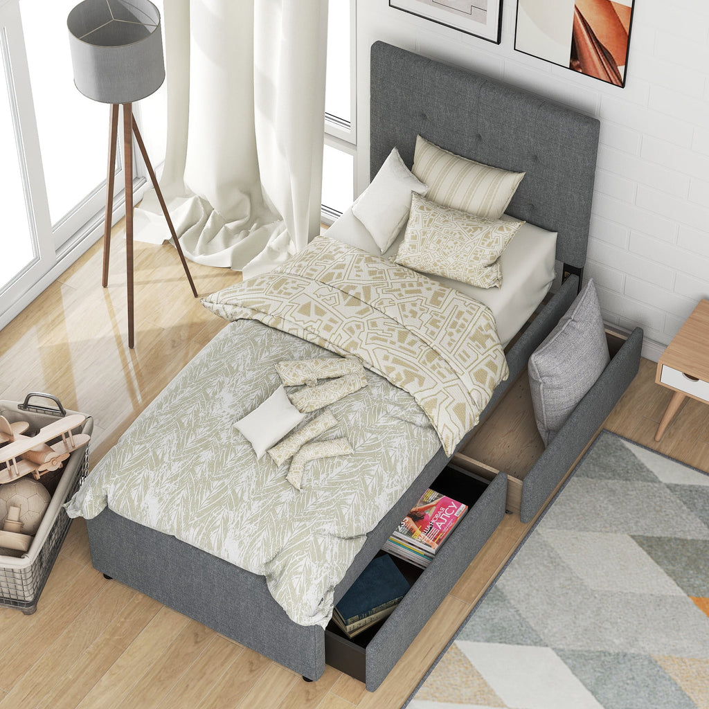 Gray Upholstered Twin Size Platform Bed with 2 Storage Drawers K3529