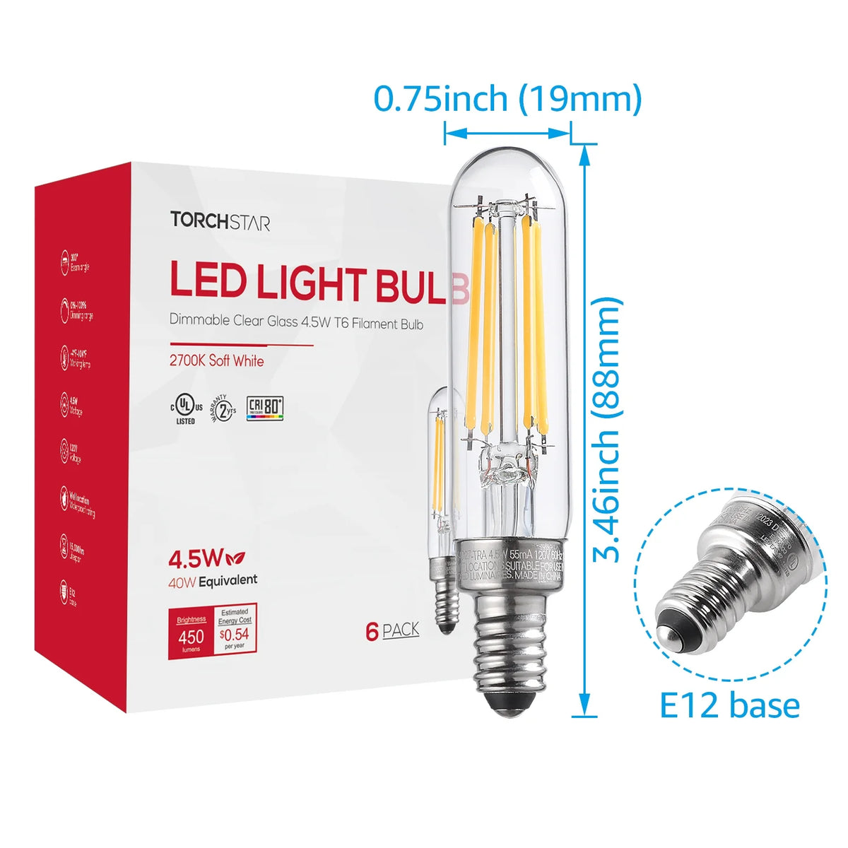12Pack T6 LED Tubular Bulb 4.5W E12 Base Dimmable 2700K Soft White A775