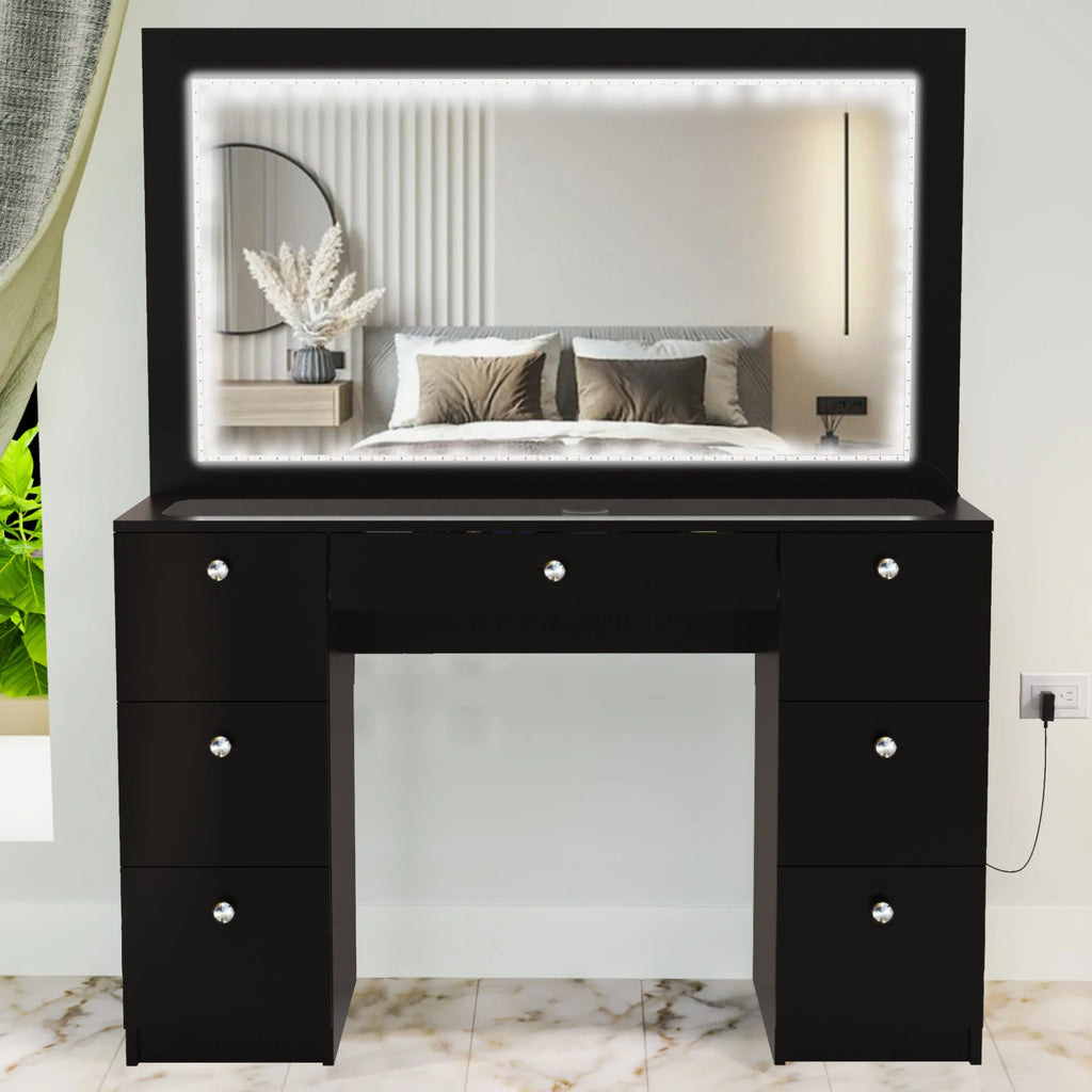 Modern Black Vanity Desk with LED Lights, 7 Drawers, Mirror X575654