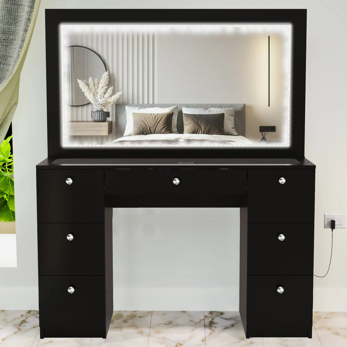 Modern Black Vanity Desk with LED Lights, 7 Drawers, Mirror X575654