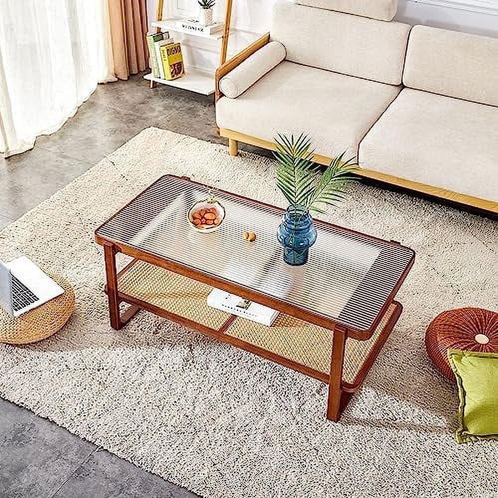 Rattan Woven Glass Desktop Round Double-Layer Solid Wood Coffee Table Z12080