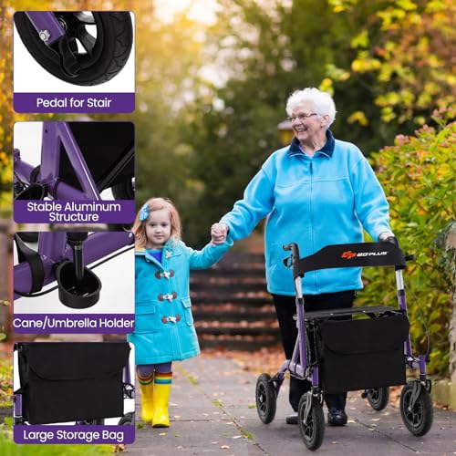 Foldable Rollator Walker with Seat, 9.5" All Terrain Pneumatic Wheel, Heavy Duty S5065