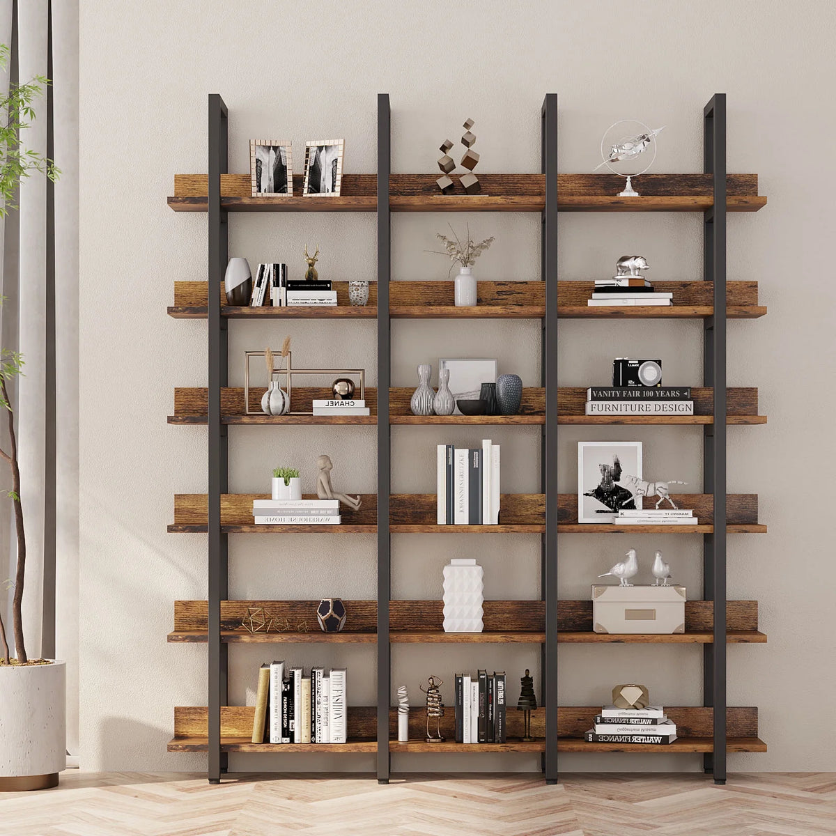 Vintage Brown 6 Tiers Large Open Shelves Bookcase B2029
