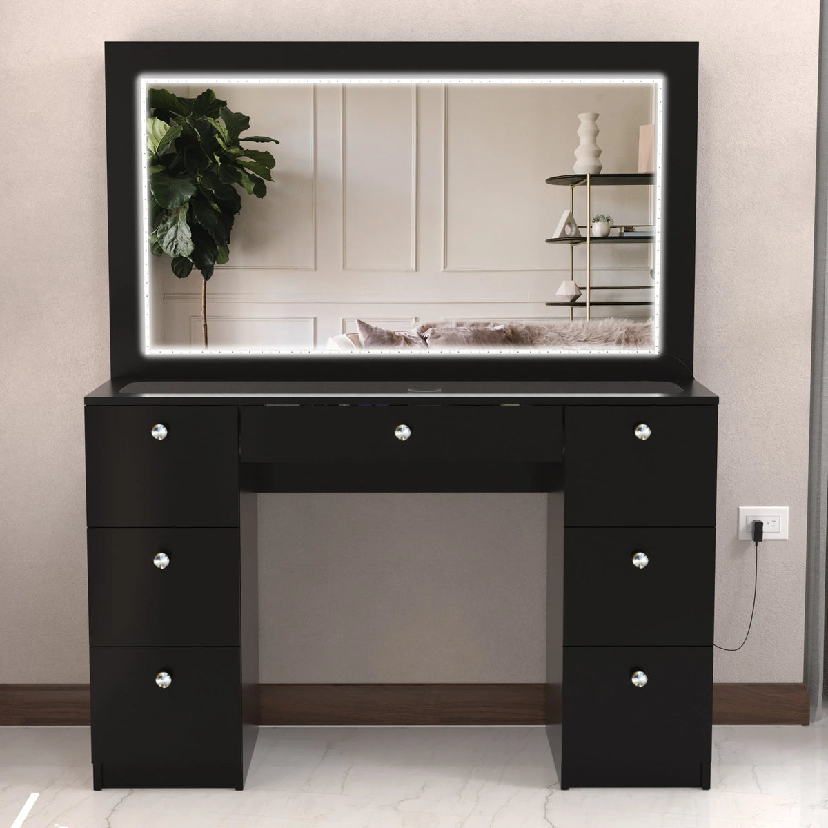 Modern Black Vanity Desk with LED Lights, 7 Drawers, Mirror X575654