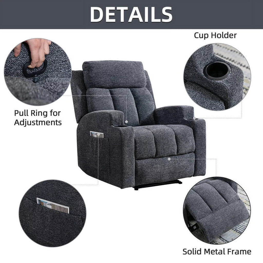 Manual Massage Recliner Chair with Heat, Side Pockets and Cup Holders, Overstuffed Breathable Fabric Reclining Chair, Single Sofa B468694