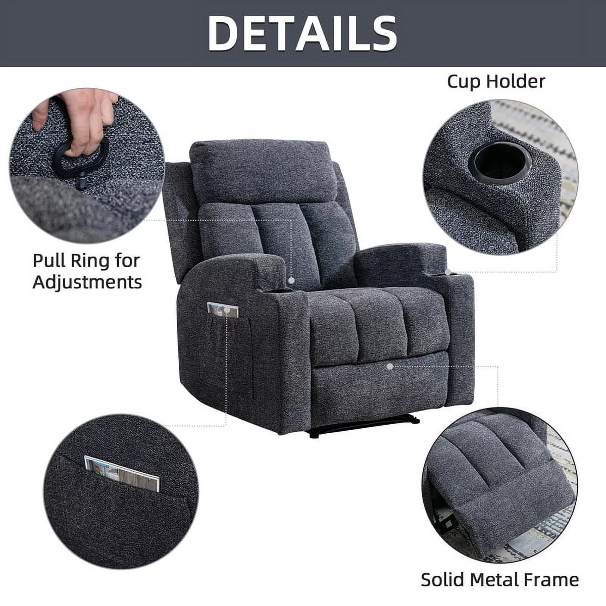 Manual Massage Recliner Chair with Heat, Side Pockets and Cup Holders, Overstuffed Breathable Fabric Reclining Chair, Single Sofa B468694