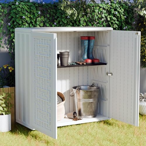 Outdoor Storage Cabinet Waterproof with Shelf, Resin, Size 34.3''L*15''W*36.2''H (Black) D293