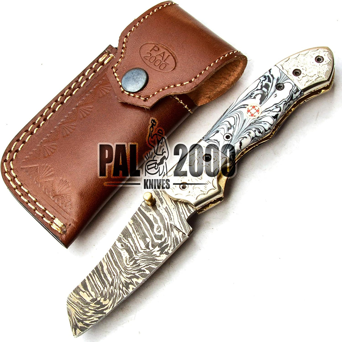 Handmade Damascus Steel Folding Pocket Hunting Knife with Sheath D53421