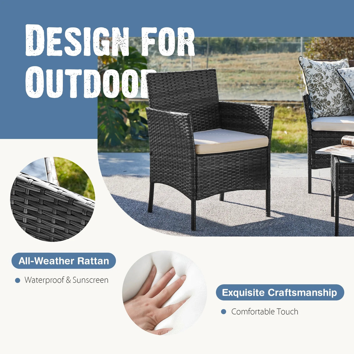 Black Outdoor Patio Furniture Set with Sectional Sofa, Table, Chairs and Cushions J39100