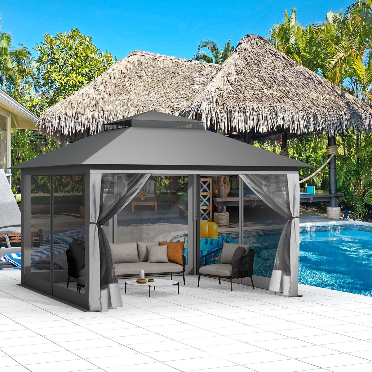 13 x13 ft Pop up Gazebo Canopy Shelter with Mosquito Netting, Brown Q4316