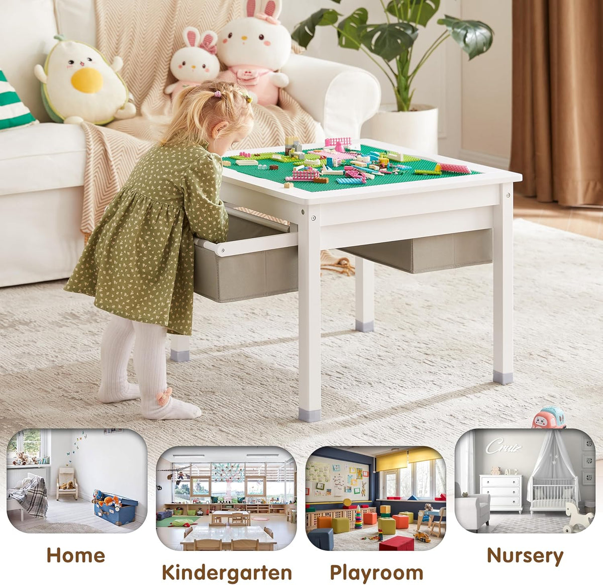 White Wooden Kids Table with Storage Drawers H753545