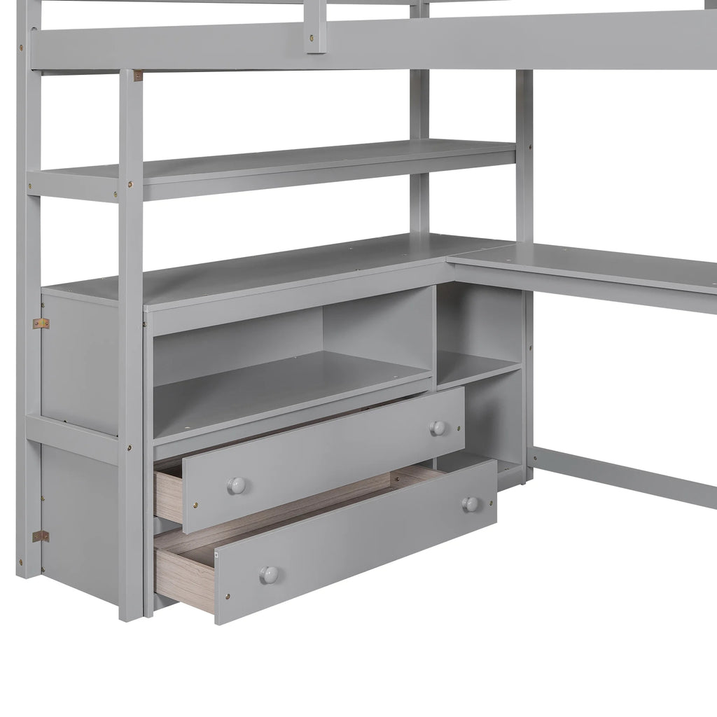 Full Wood Loft Bed with Desk, Storage Stairs, Two Drawers P676
