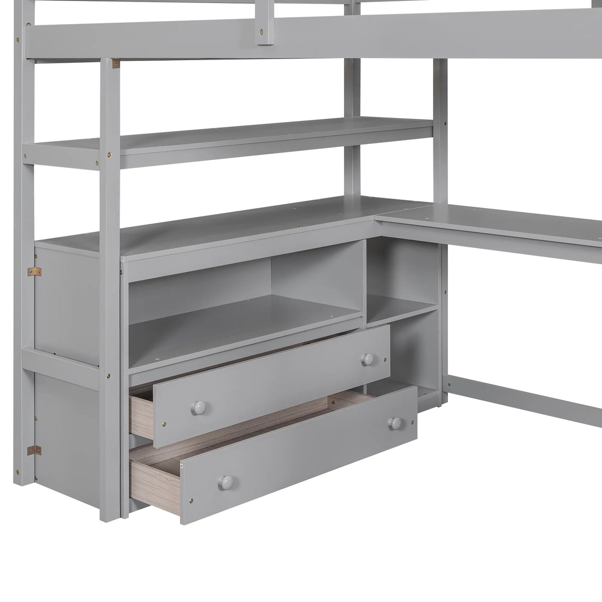 Full Wood Loft Bed with Desk, Storage Stairs, Two Drawers P676