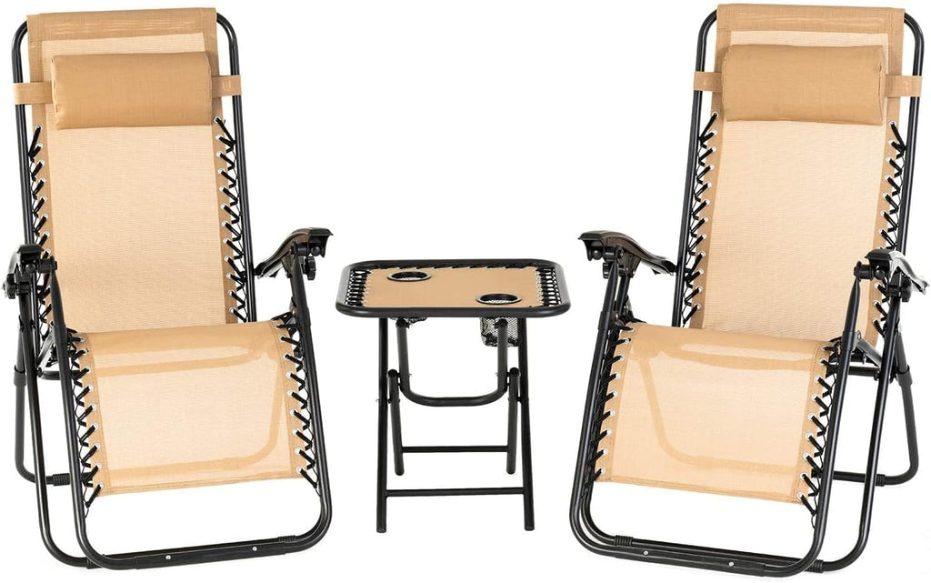 2 PCS Beige Folding Zero Gravity Lounge Chair Set with Headrest and Table V790077