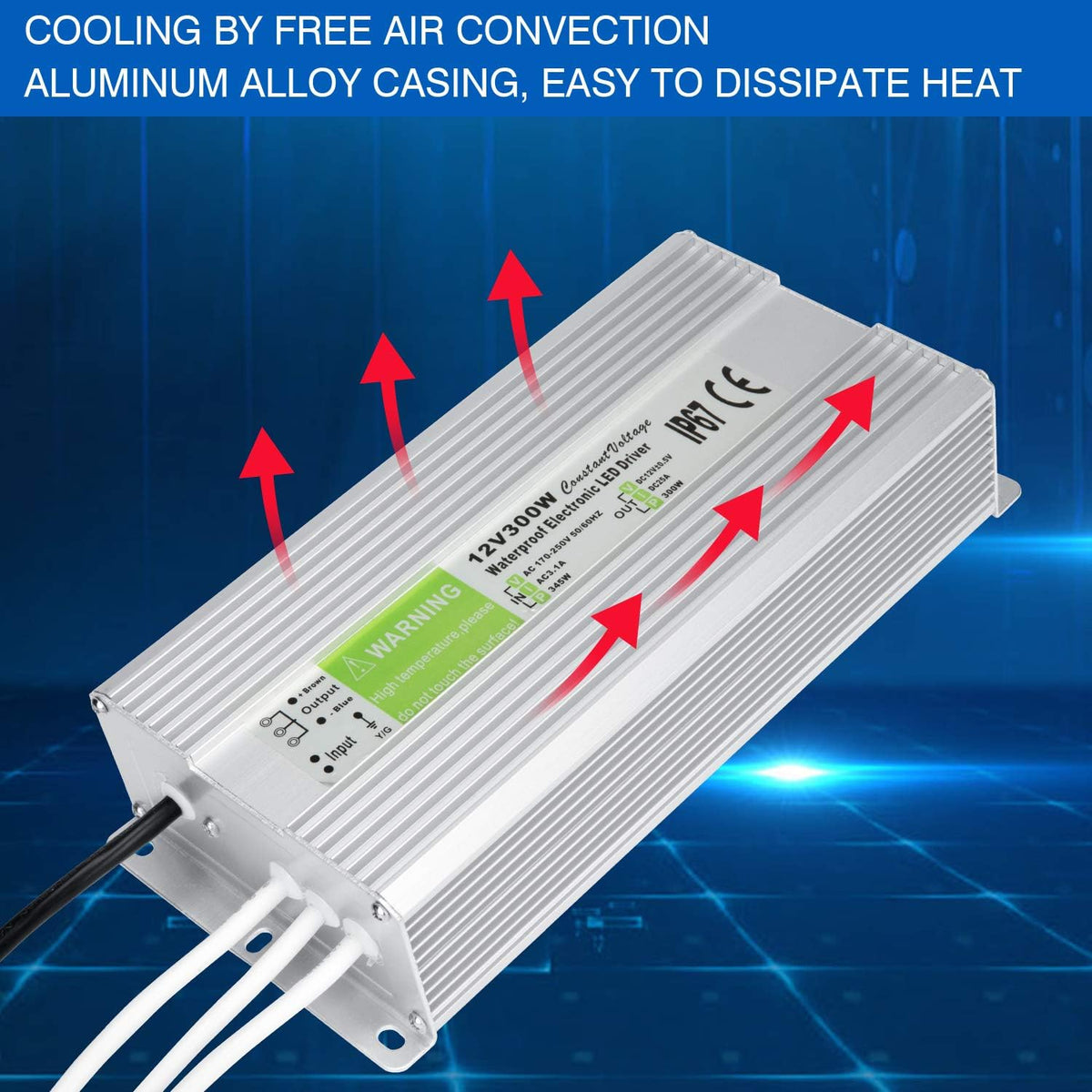 LEDMO IP67 Power Supply 300 Watts DC12V 25A AC/DC Driver Transformer Adapter Low Voltage Output with 3-Prong Plug 3.3 Feet Cable E7370
