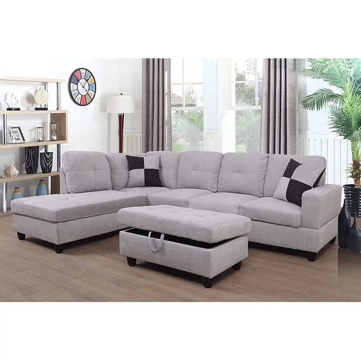 Grey White Left Hand Facing Sofa & Chaise with Ottoman U8818