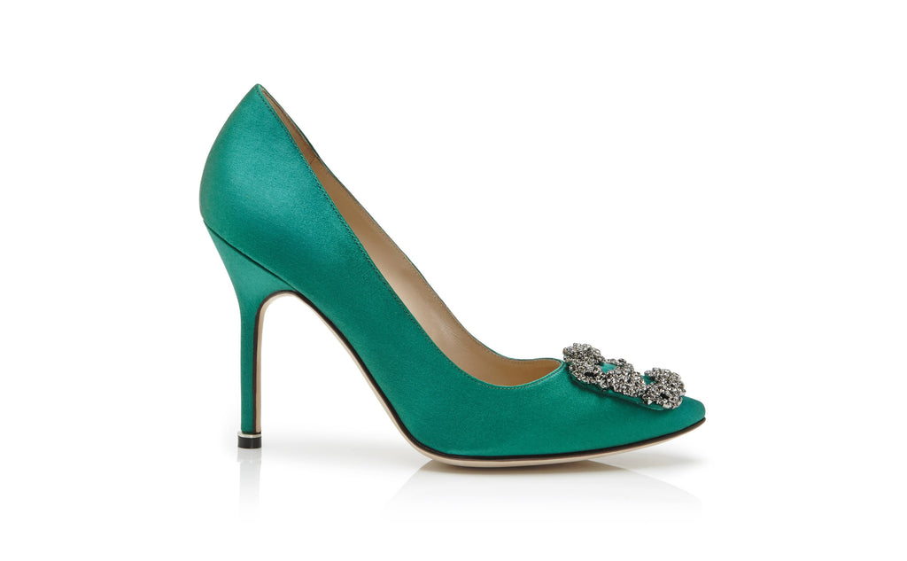 Green Satin Jewel Buckle Pumps D61370