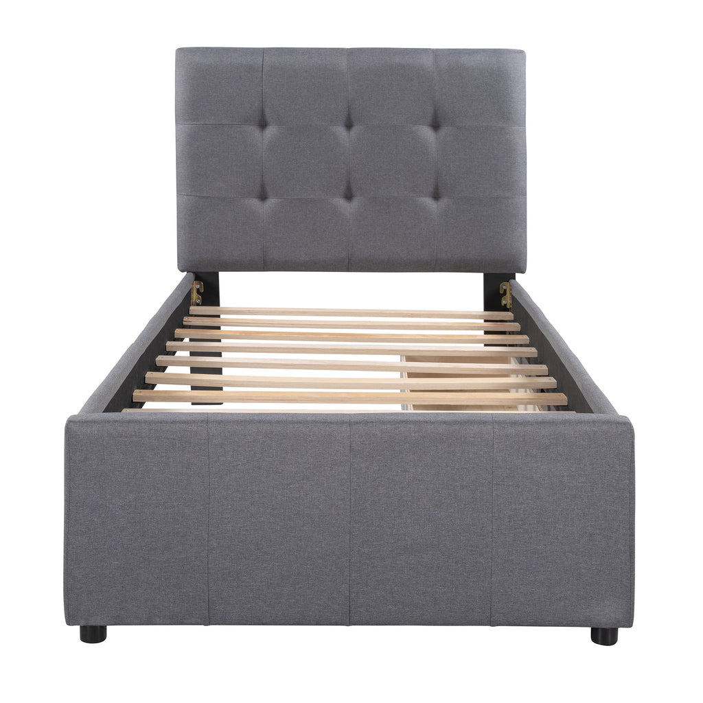 Gray Upholstered Twin Size Platform Bed with 2 Storage Drawers K3529