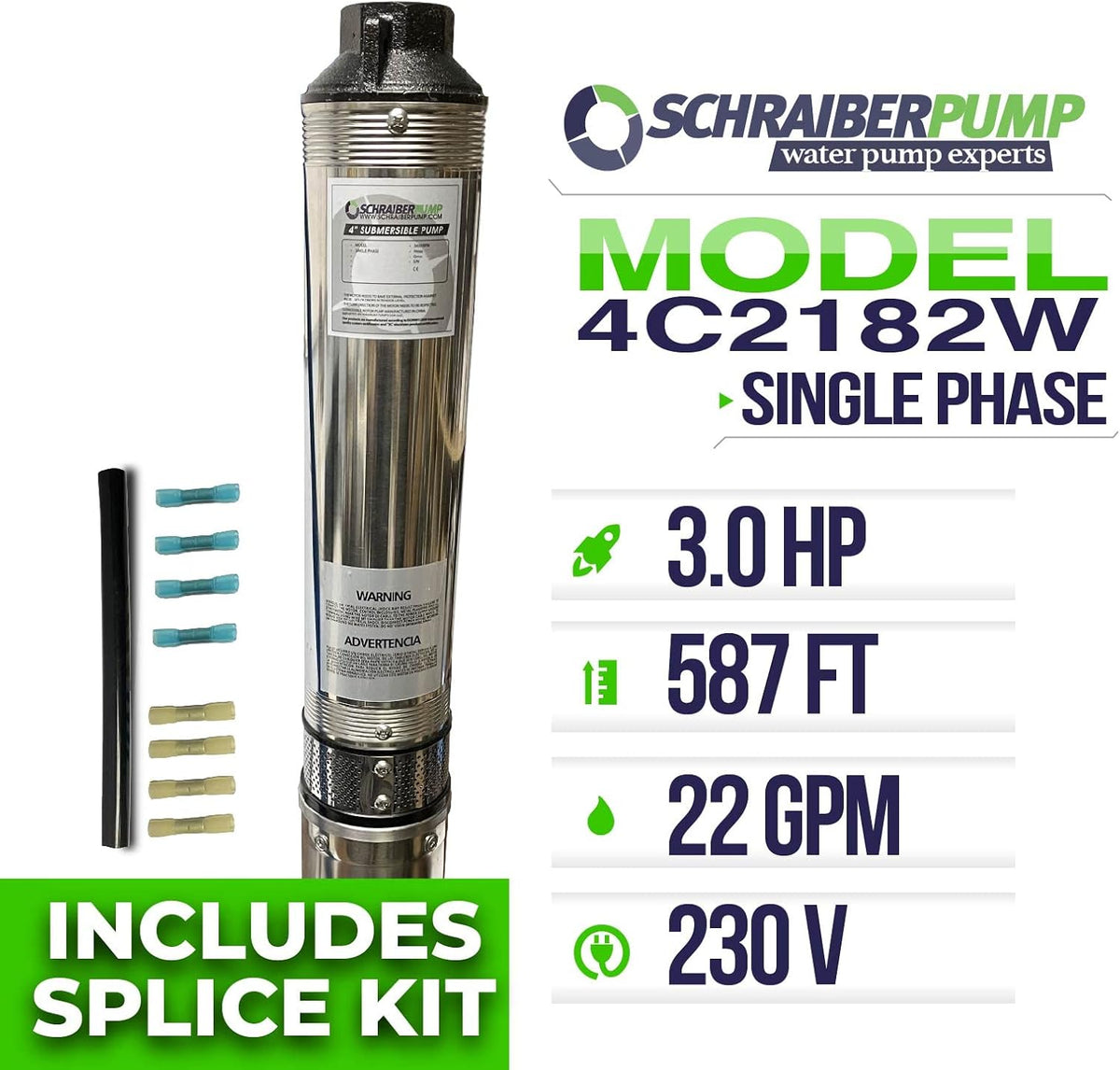 4" Deep Well Submersible Pump 3HP, 230v, 587' head, 22GPM, 2 wire, stainless steel V122