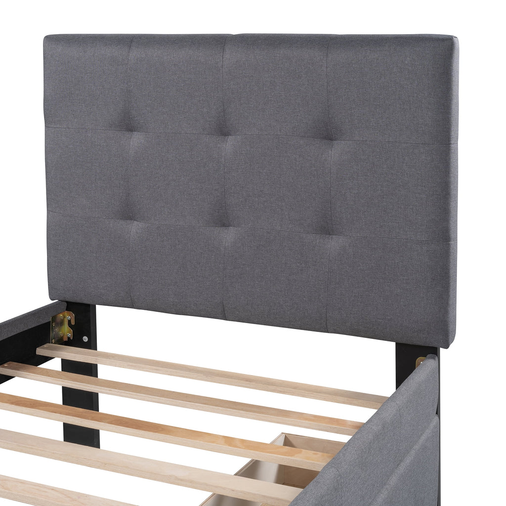 Gray Upholstered Twin Size Platform Bed with 2 Storage Drawers K3529