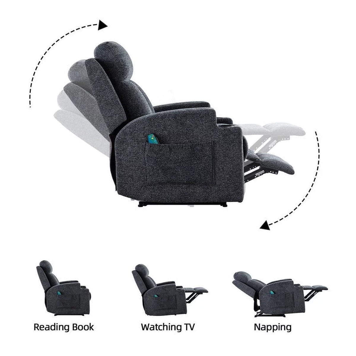 Manual Massage Recliner Chair with Heat, Side Pockets and Cup Holders, Overstuffed Breathable Fabric Reclining Chair, Single Sofa B468694