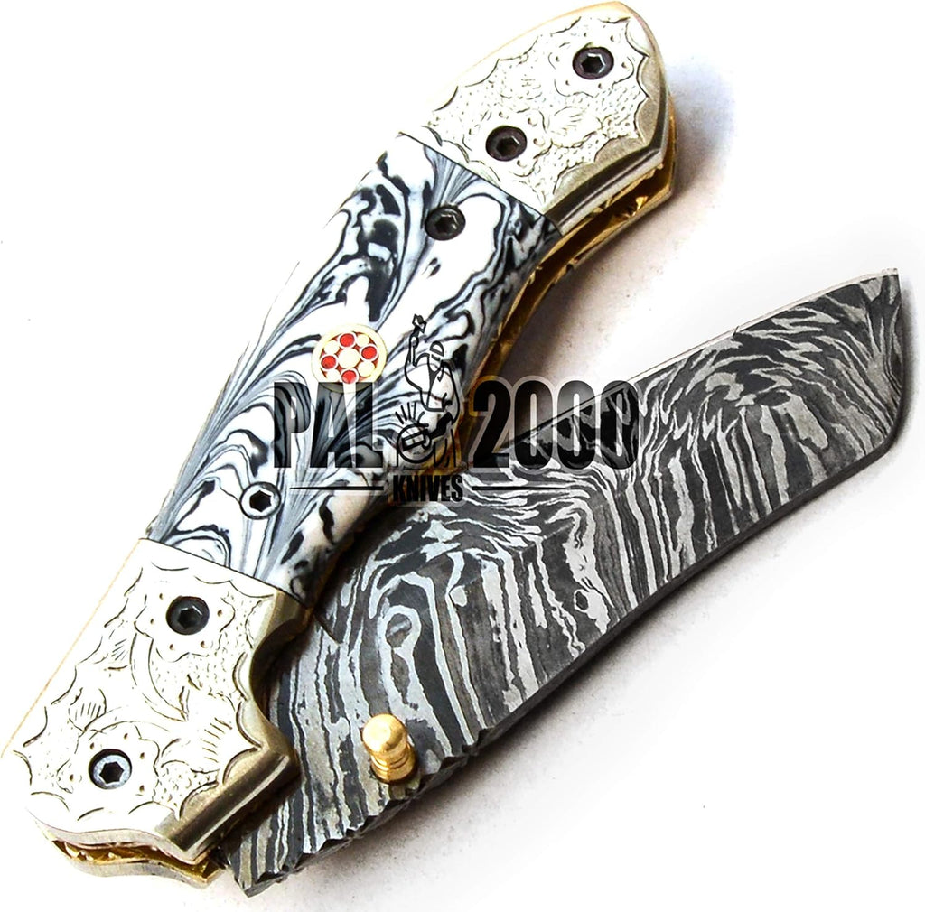 Handmade Damascus Steel Folding Pocket Hunting Knife with Sheath D53421