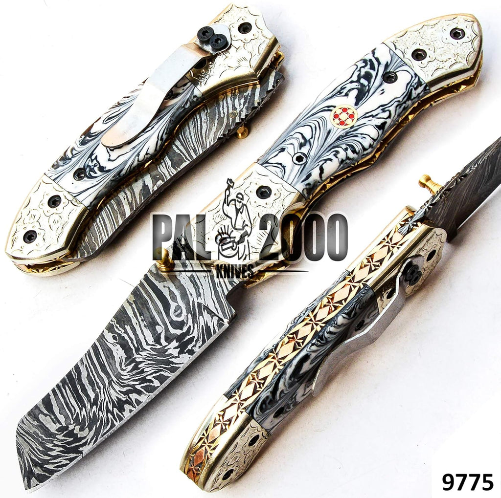 Handmade Damascus Steel Folding Pocket Hunting Knife with Sheath D53421