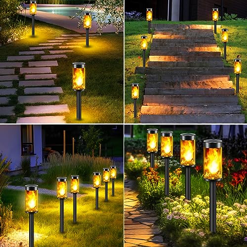 8 Packs Solar Torches with Flickering Flame Waterproof Transparent LED Solar Pathway Lights J729