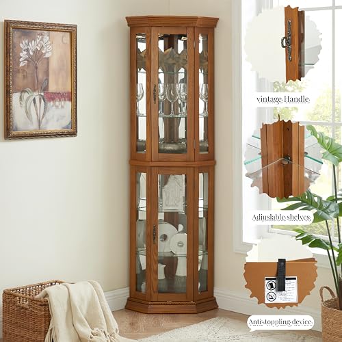 Lighted Corner Curio Display Cabinet with Adjustable Shelves & Mirrored Back N955473