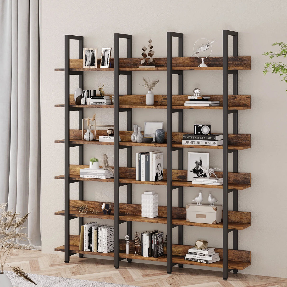 Vintage Brown 6 Tiers Large Open Shelves Bookcase B2029