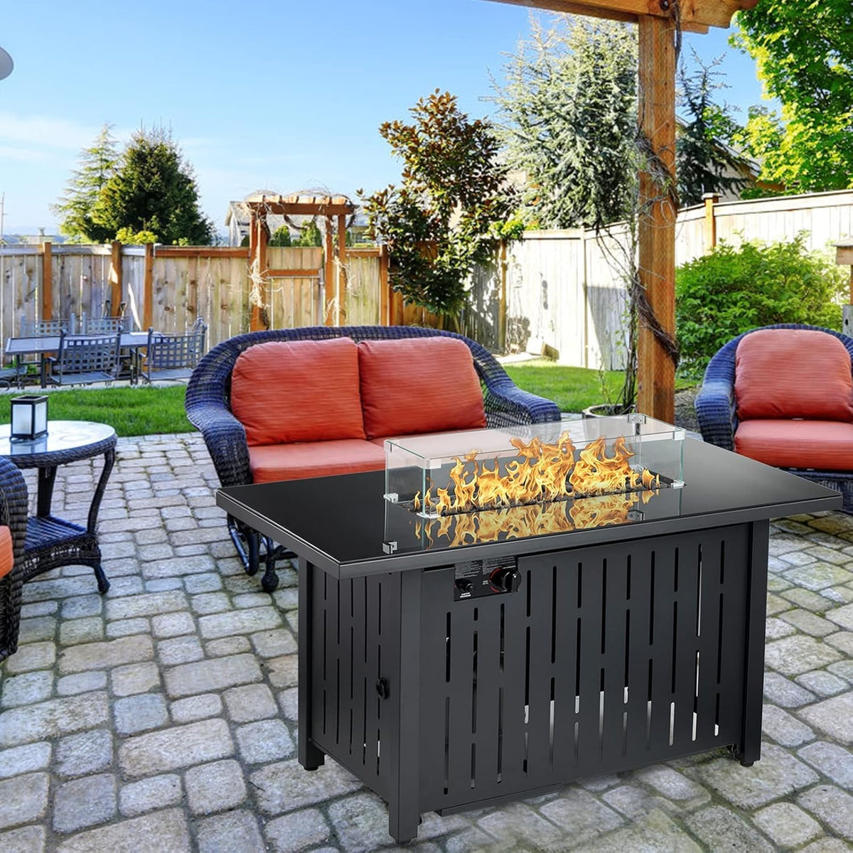 43 Inch 50,000 BTU Propane Gas Fire Pit Table with Glass Wind Guard O90496