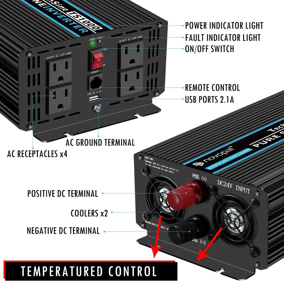 1500 watt Pure Sine Wave Power Inverter 12V to 110V/120V 4 AC Outlets Y328464