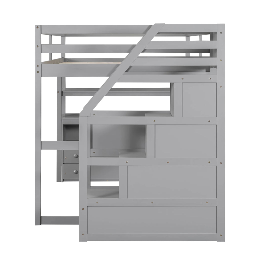 Full Wood Loft Bed with Desk, Storage Stairs, Two Drawers P676