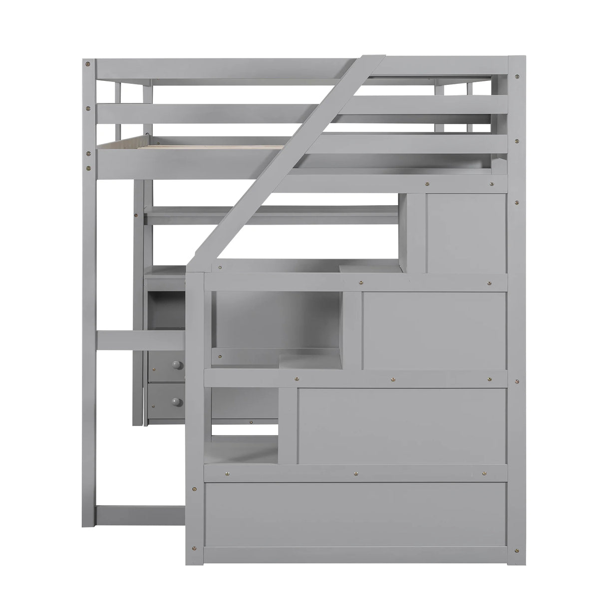 Full Wood Loft Bed with Desk, Storage Stairs, Two Drawers P676