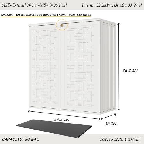 Outdoor Storage Cabinet Waterproof with Shelf, Resin, Size 34.3''L*15''W*36.2''H (Black) D293