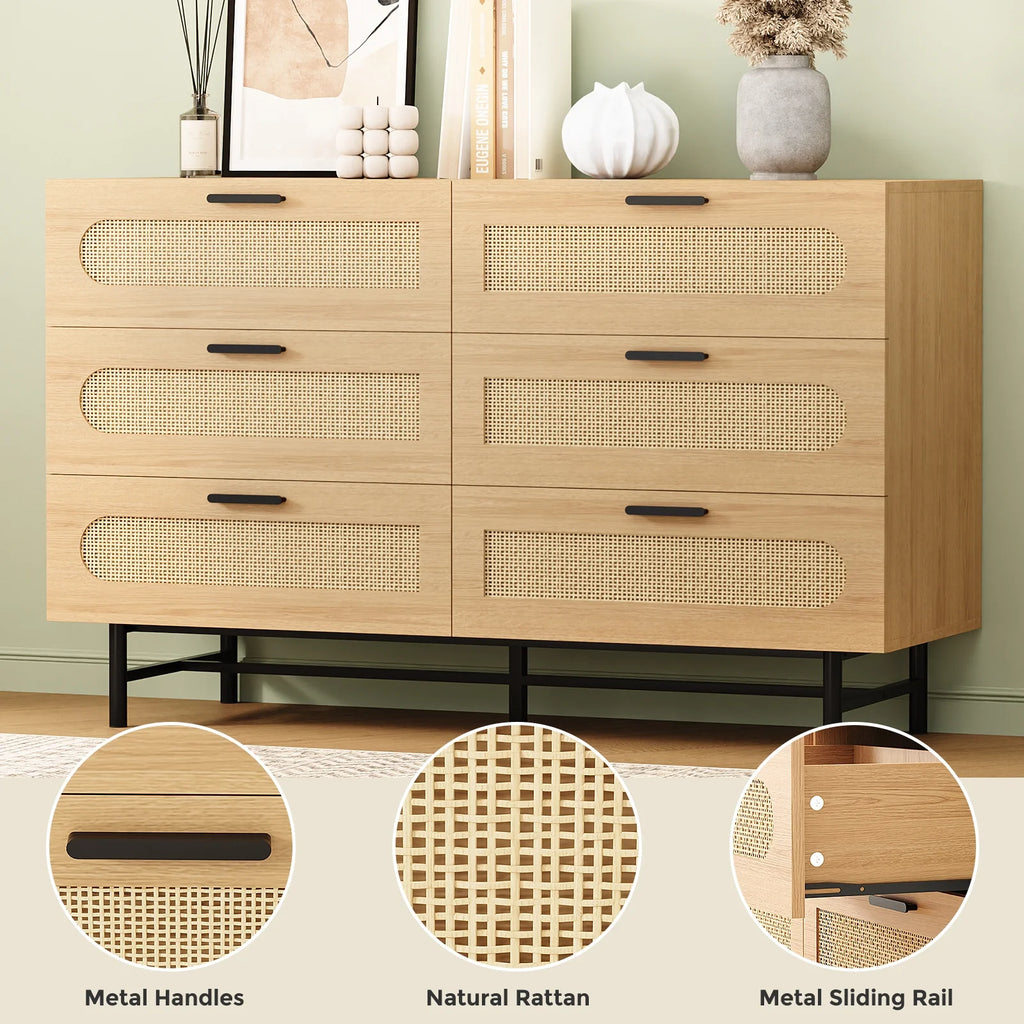 6 Drawer Natural Rattan Wood Dresser C731522