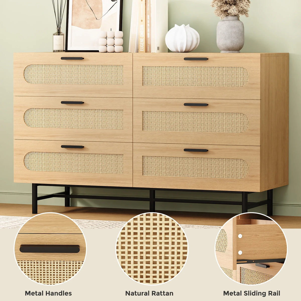 6 Drawer Natural Rattan Wood Dresser C731522