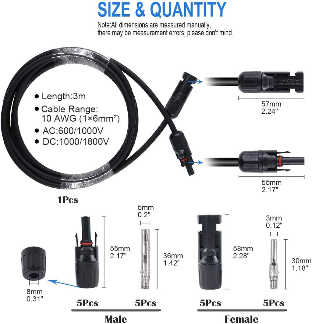 10AWG Solar Panel Extension Cable and Connectors Set E3641