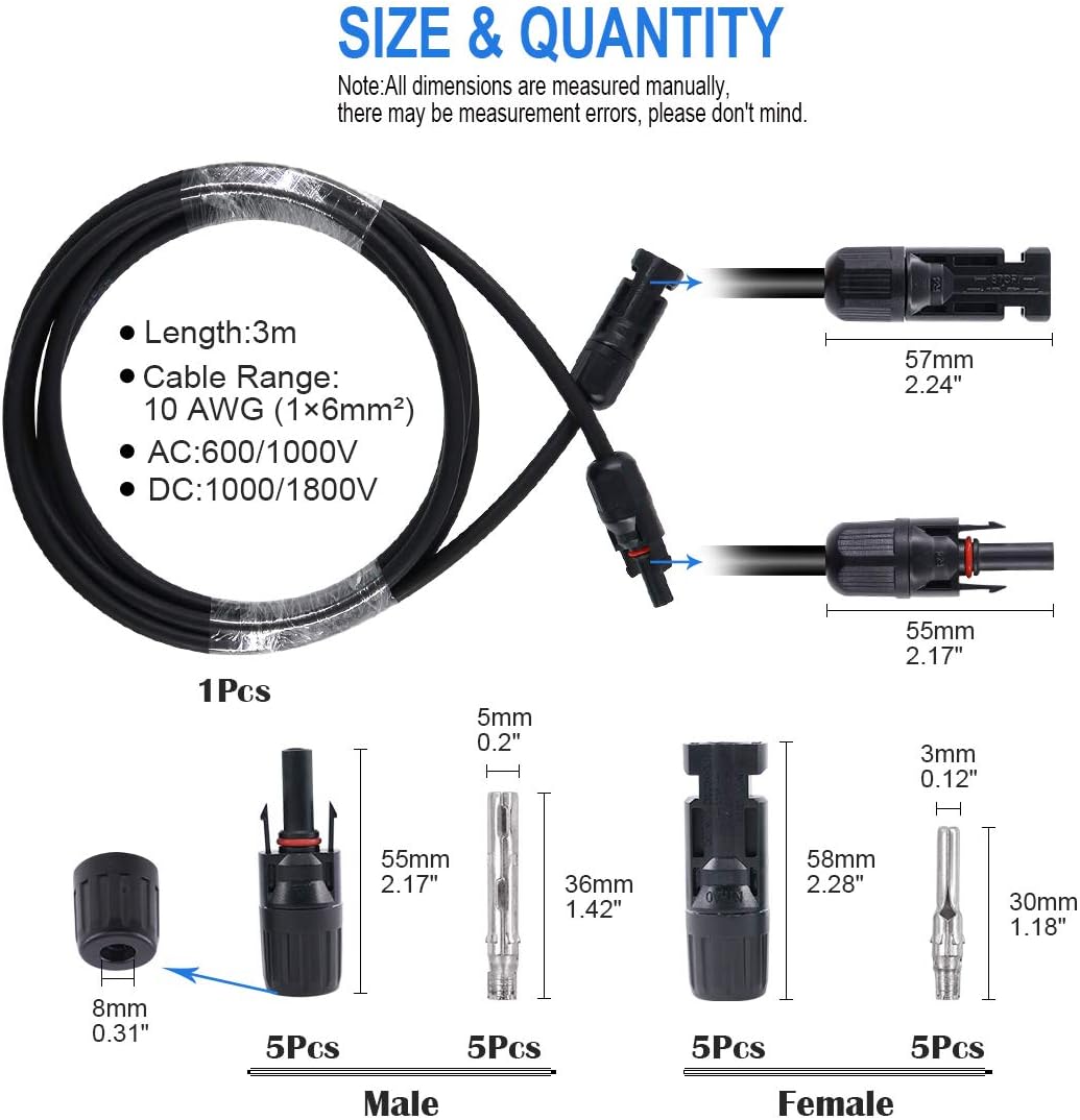 10AWG Solar Panel Extension Cable and Connectors Set E3641