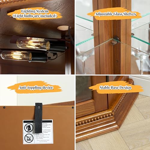 Lighted Corner Curio Display Cabinet with Adjustable Shelves & Mirrored Back N955473