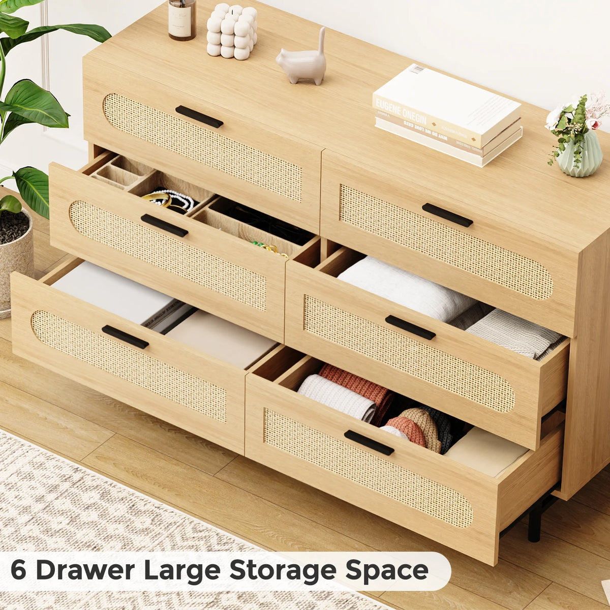 6 Drawer Natural Rattan Wood Dresser C731522