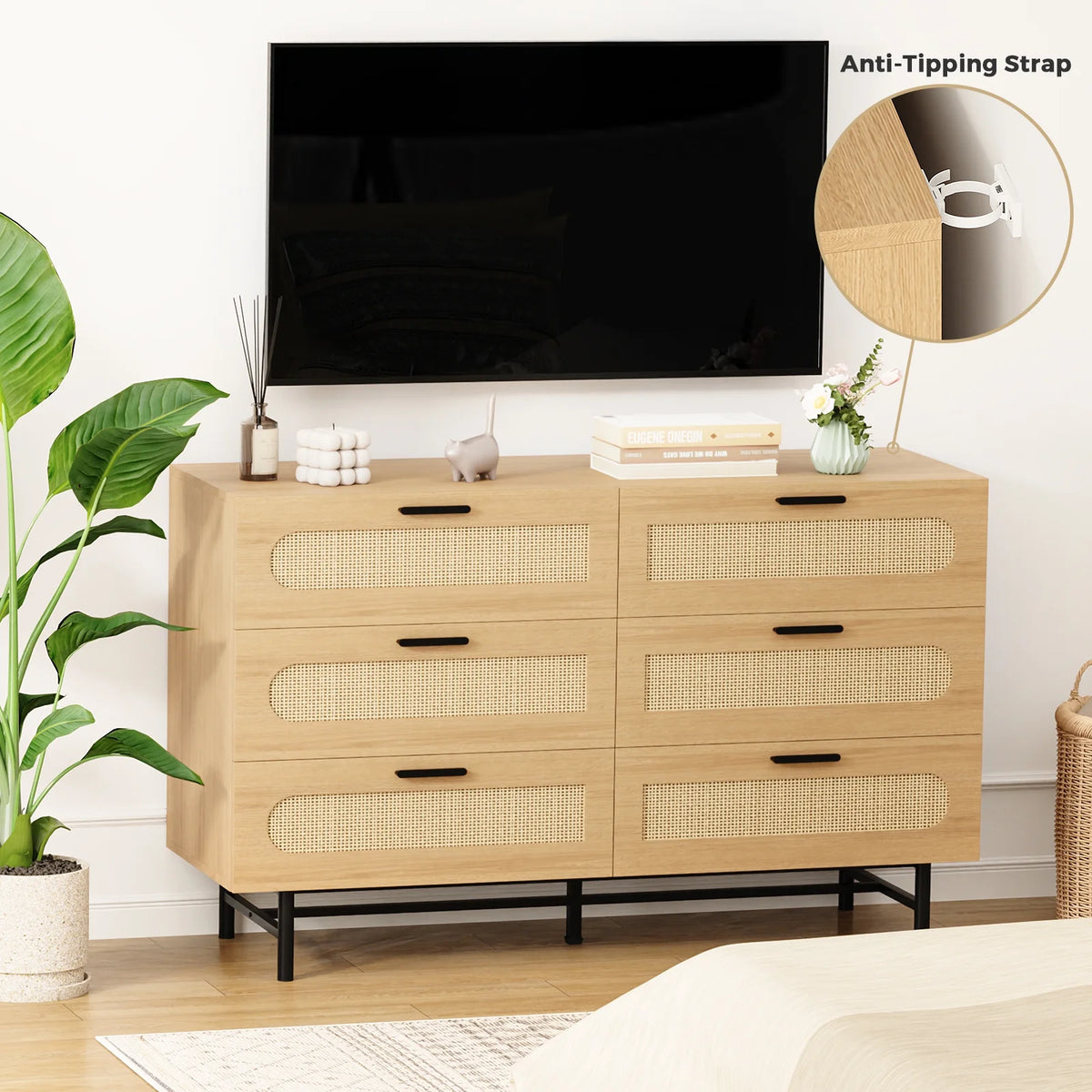 6 Drawer Natural Rattan Wood Dresser C731522
