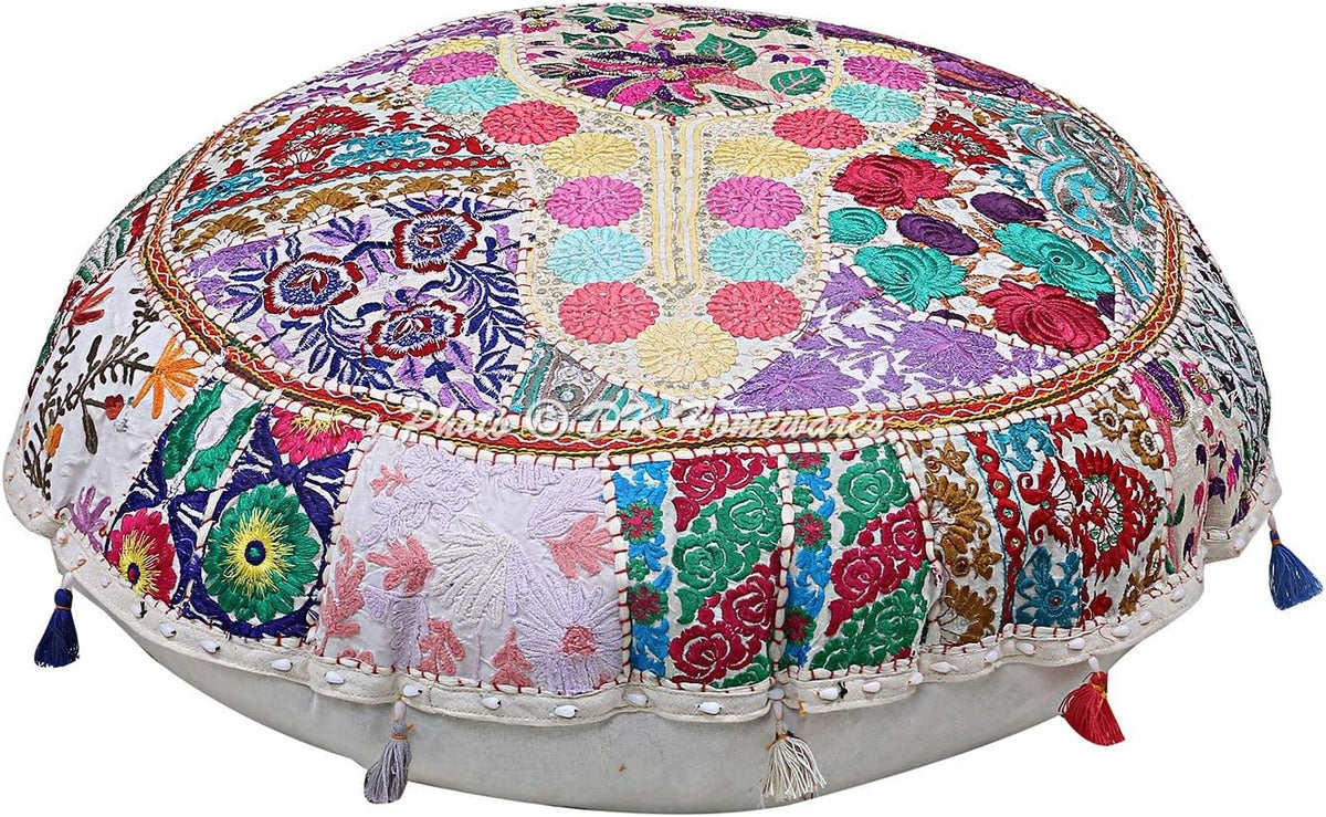 40 Inch White Cotton Round Floor Pillow C29307