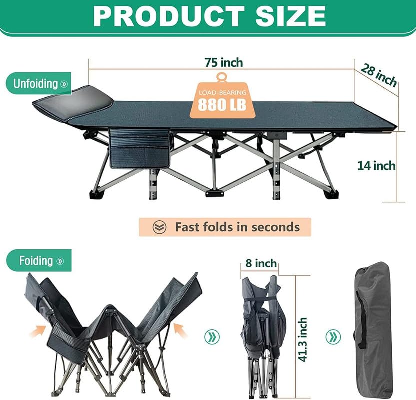Gray Folding Camping Cot with Mattress Hold 600 LB B498