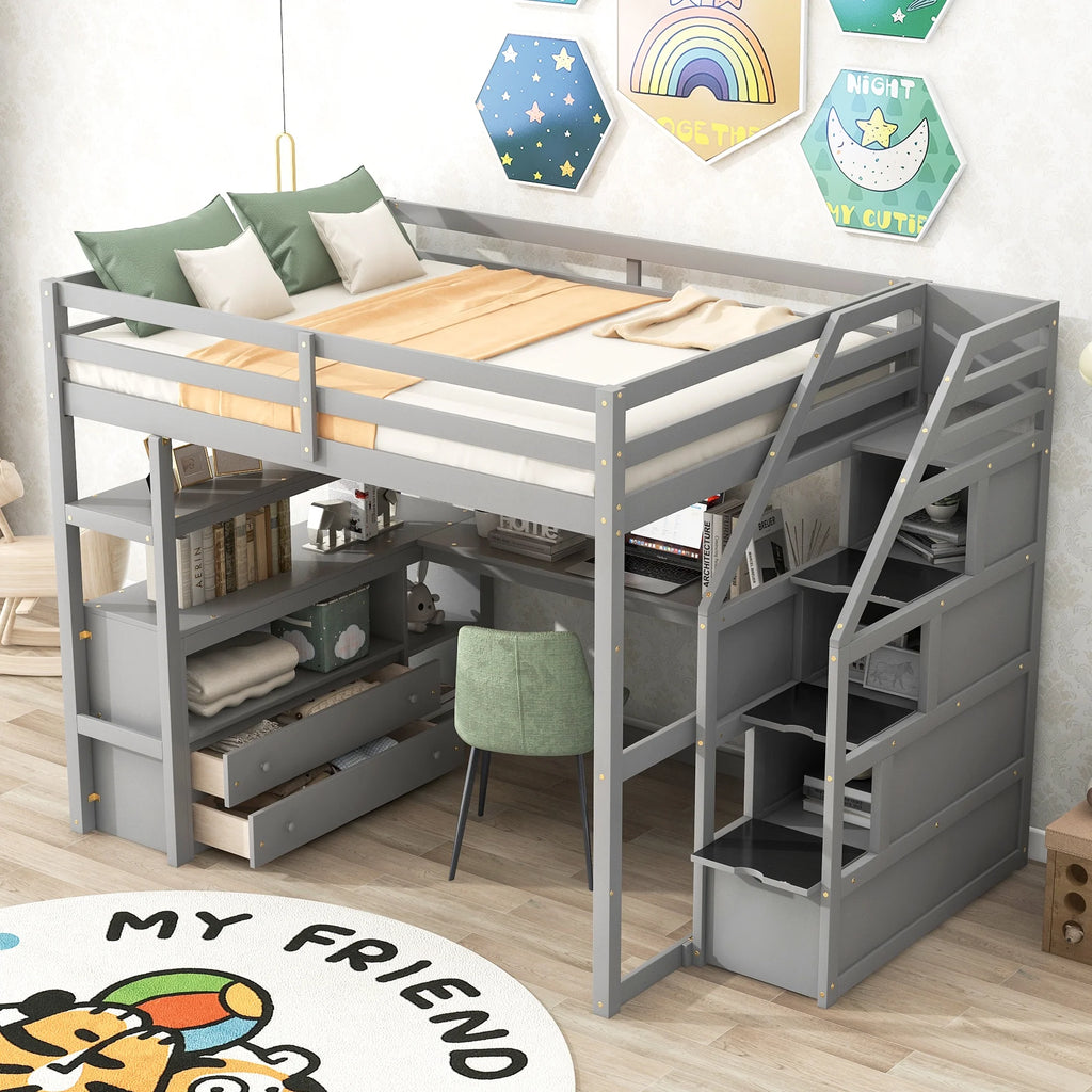 Full Wood Loft Bed with Desk, Storage Stairs, Two Drawers P676