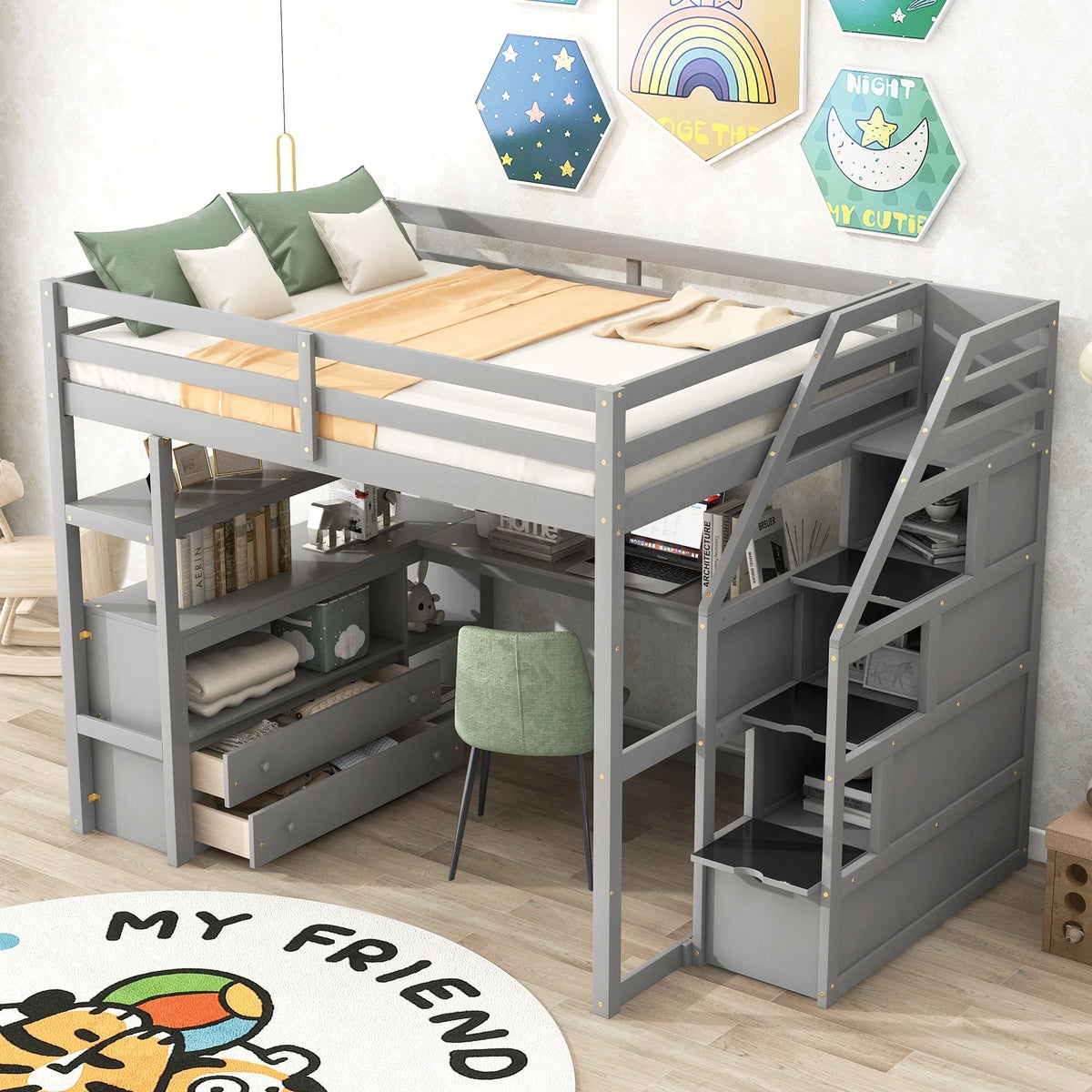 Full Wood Loft Bed with Desk, Storage Stairs, Two Drawers P676