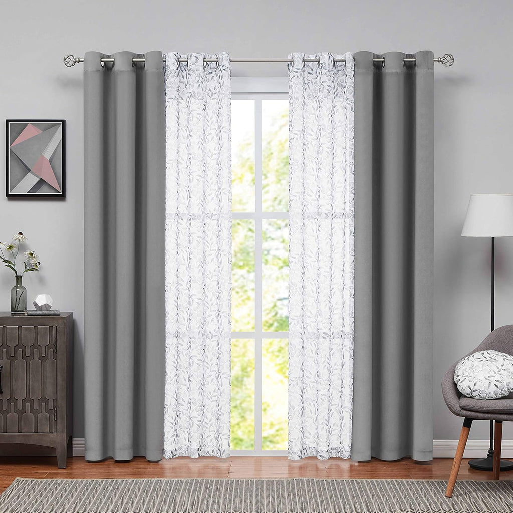 Grey Velvet Floral Sheer Curtains 63 inch 4 Pieces Set N130
