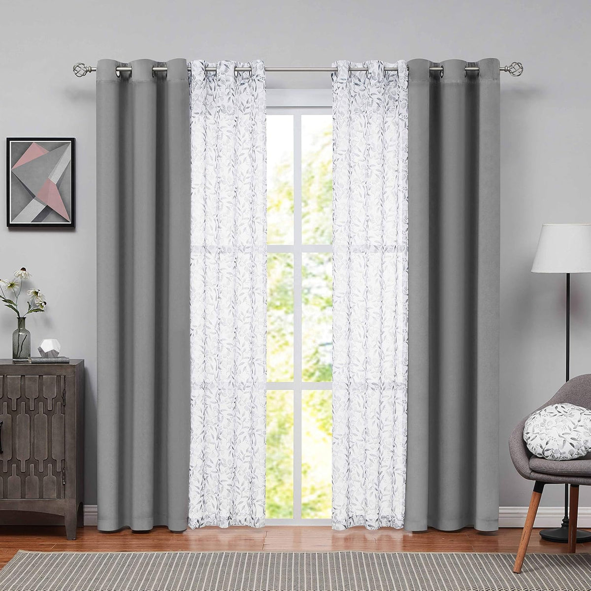 Grey Velvet Floral Sheer Curtains 63 inch 4 Pieces Set N130